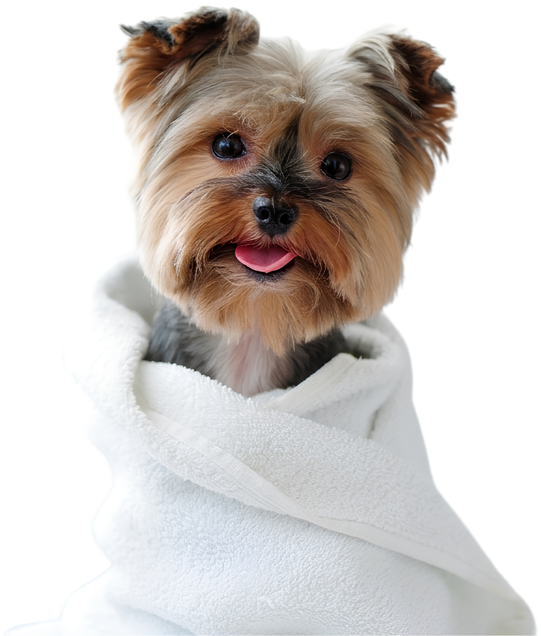 A small Yorkshire terrier wrapped in a soft white towel after a grooming session